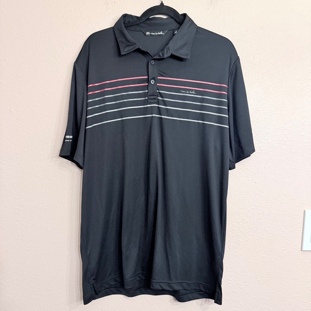 Travis Mathew Mens XL Black Performance Polo Shirt Stripe Chamberlain MyQ Logo